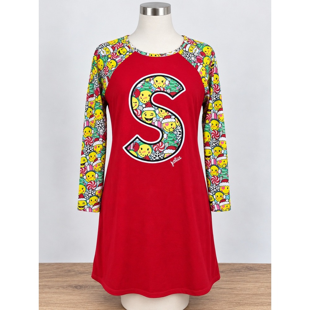 Justice Girls Red Holiday Emoji Initial S Nightgown Christmas Sleep Dress 18/20